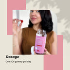 Woman holding a bottle of Naturecan ACV gummies with text about dosage.