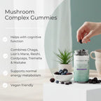 Naturecan Mushroom Complex Gummies infographic – bottle on counter beside blueberries and blackberries; benefits: helps with cognitive function, combines Chaga Lion's Mane Reishi Cordyceps Tremella and Maitake, supports normal energy metabolism, vegan friendly
