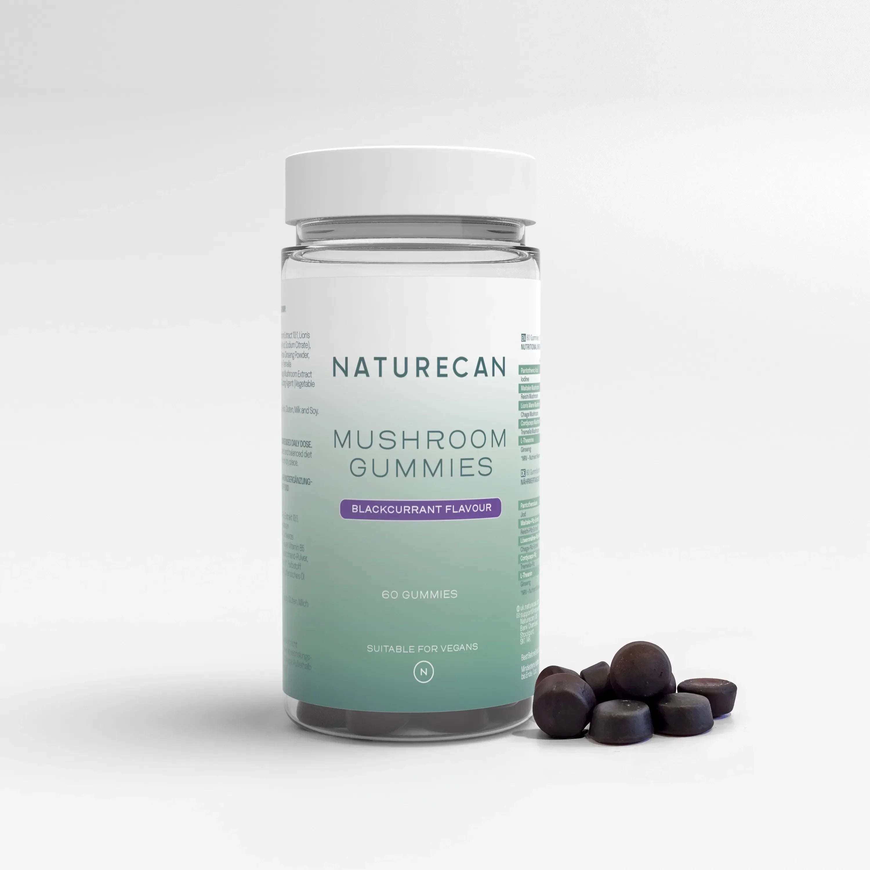 Naturecan Mushroom Gummies – clear bottle with teal label, Blackcurrant Flavour, 60 gummies, suitable for vegans, with round dark gummies beside it