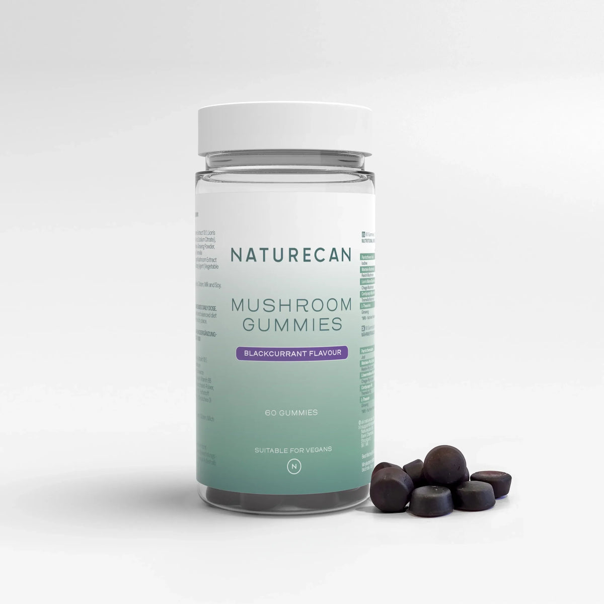Naturecan Mushroom Gummies – clear bottle with teal label, Blackcurrant Flavour, 60 gummies, suitable for vegans, with round dark gummies beside it