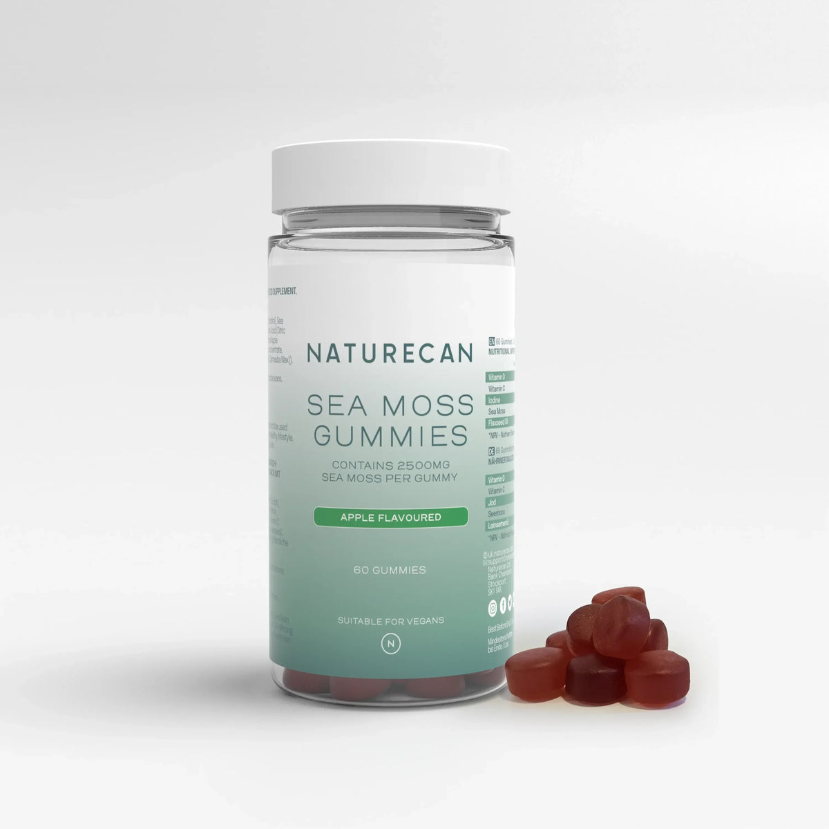 Naturecan Sea Moss Gummies – clear bottle with white and teal label, 2500mg sea moss per gummy, Apple Flavoured, 60 gummies, suitable for vegans, with dark red gummies beside it